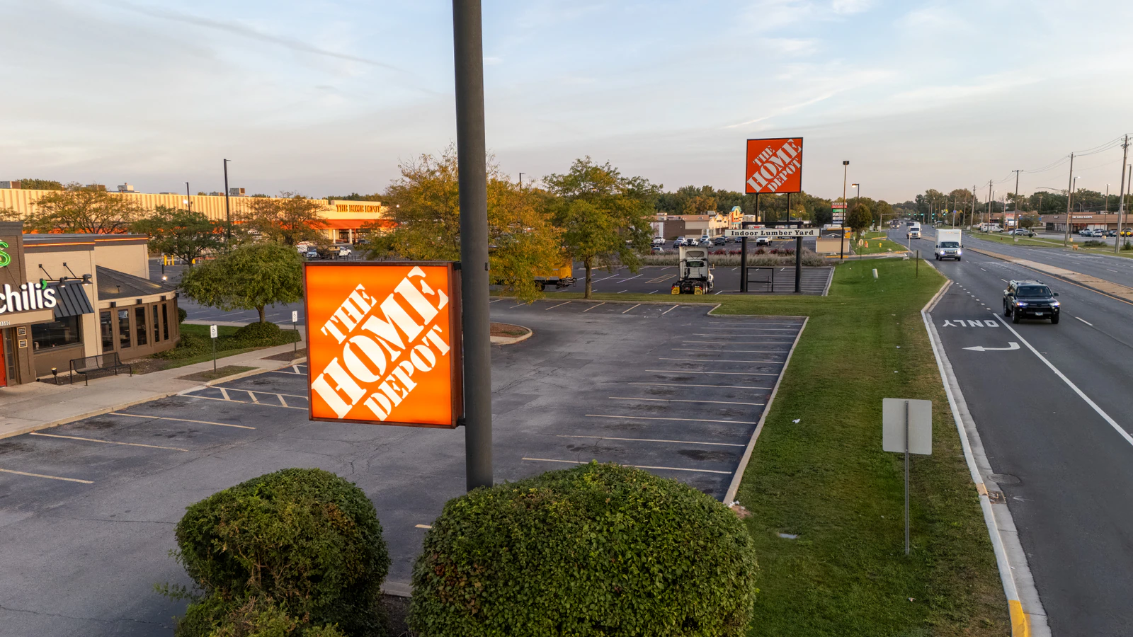 Dawn aerial view of Home Depot parking lots repaved and striped by Advantage Paving