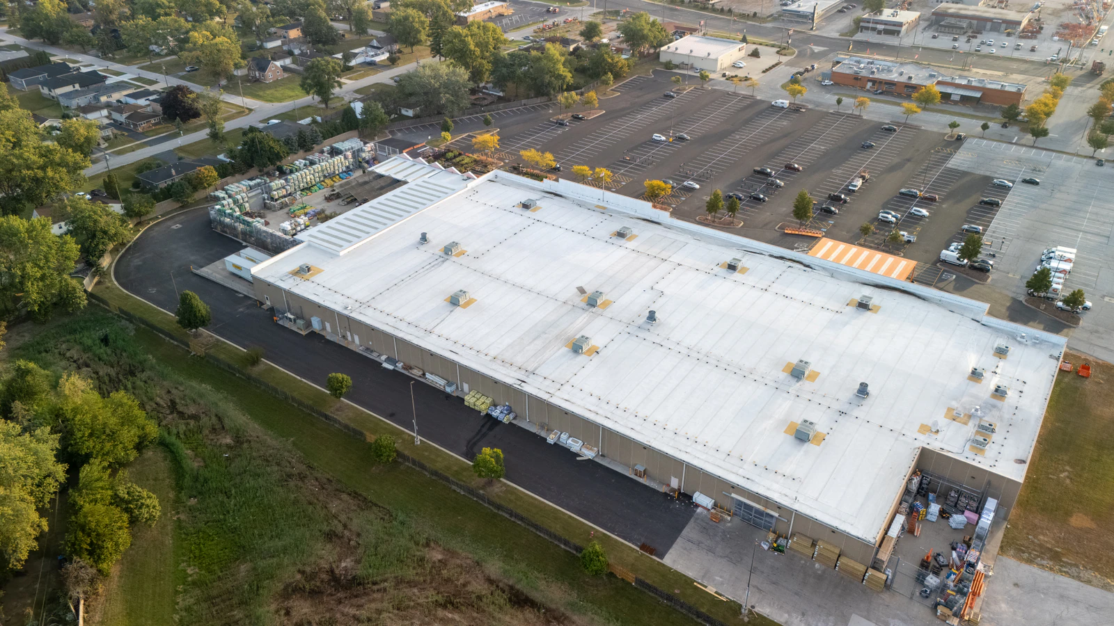 Aerial view of a Home Depot store and its parking lots after repaving and striping by Advantage Paving
