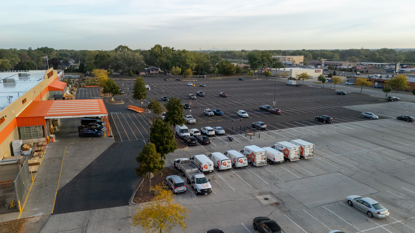 Dawn aerial view of Home Depot parking lots repaved and striped by Advantage Paving