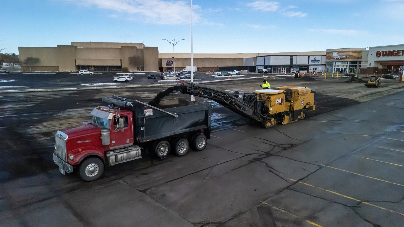 Target store emergency parking lot repair in Northern Indiana — milling, base repair, asphalt paving and striping by Advantage Paving
