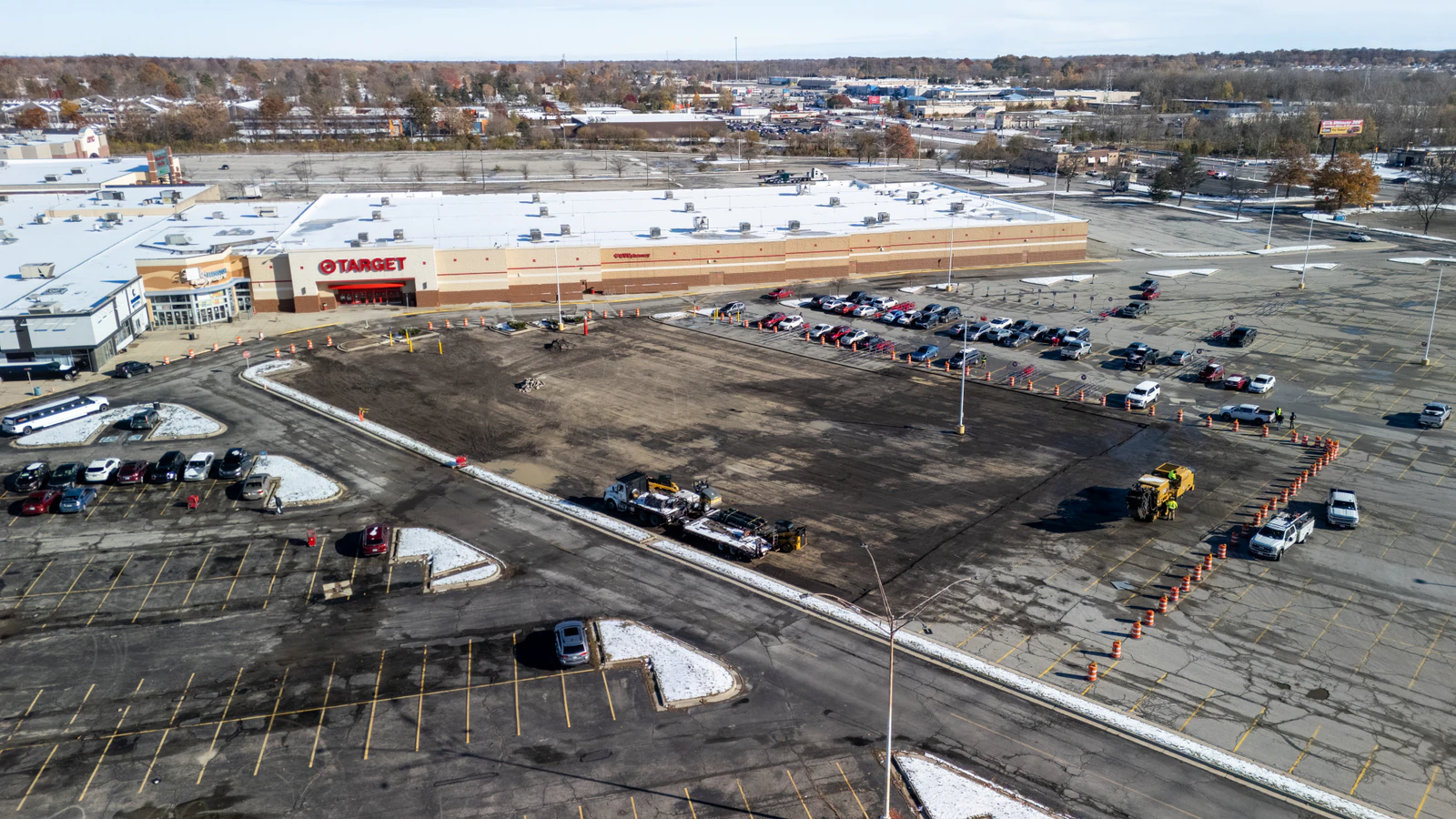 Target store emergency parking lot repair in Northern Indiana — milling, base repair, asphalt paving and striping by Advantage Paving
