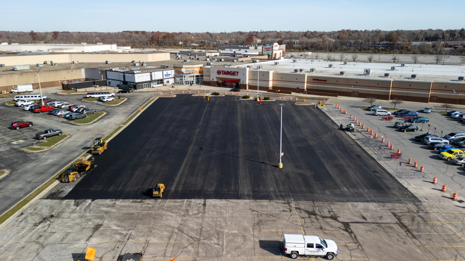 Target store emergency parking lot repair in Northern Indiana — milling, base repair, asphalt paving and striping by Advantage Paving